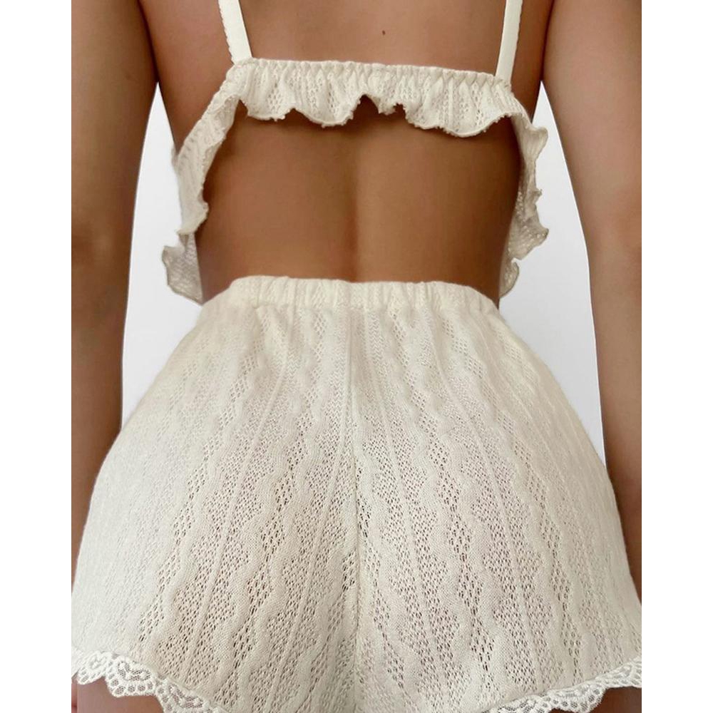レーストリムフリル裾キャミトップセット、ケーブルテクスチャC - Elastic Lace Trim のレビューと価格